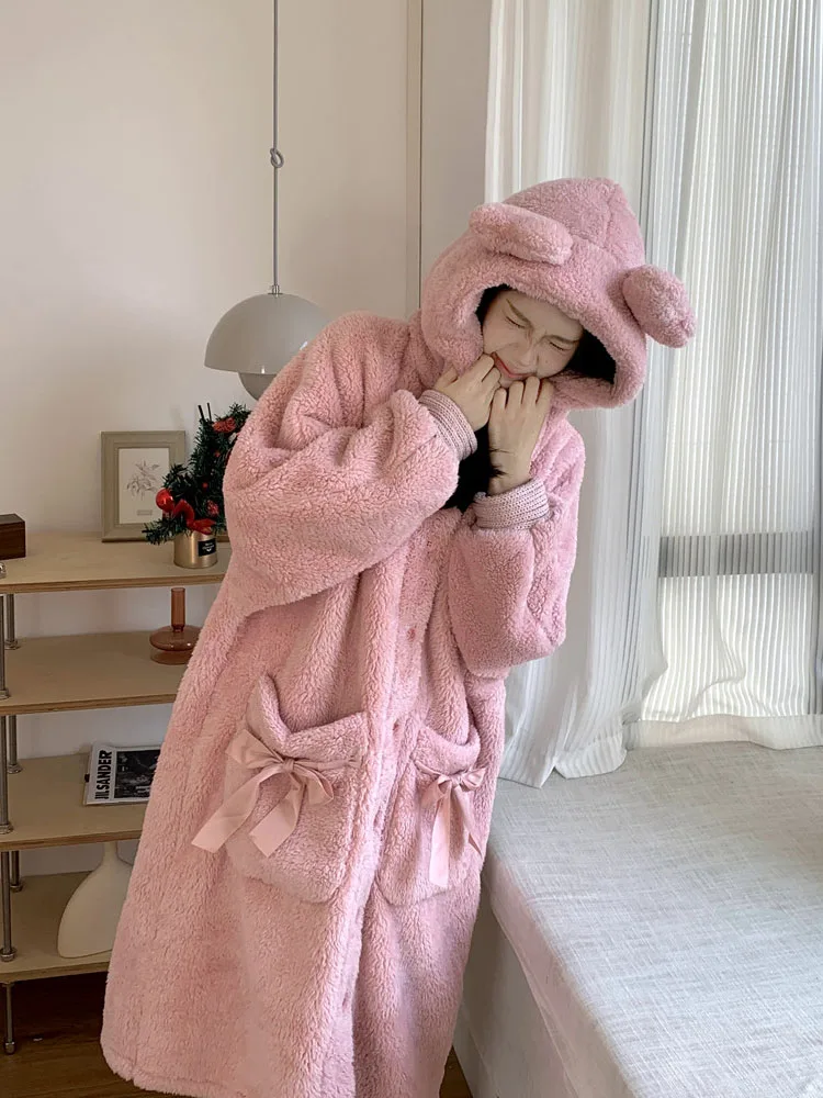 KIMOKOKM Winter Fleece Nightgown Dress Kawaii Ear Hooded Thicken Keep Warm Cute Bandage Bow Pajamas Single Breasted Pajamas
KIMOKOKM Winter Fleece Nightgown Dress Kawaii Ear Hooded Thicken Keep Warm Cute Bandage Bow Pajamas Single Breasted Pajamas