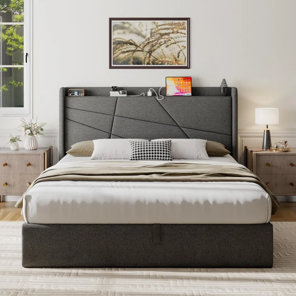 Lift Up Storage Bed Frame with Charging Station, Wingback Upholstered Platform Bed Frame, Wooden Slats Support
Lift Up Storage Bed Frame with Charging Station, Wingback Upholstered Platform Bed Frame, Wooden Slats Support