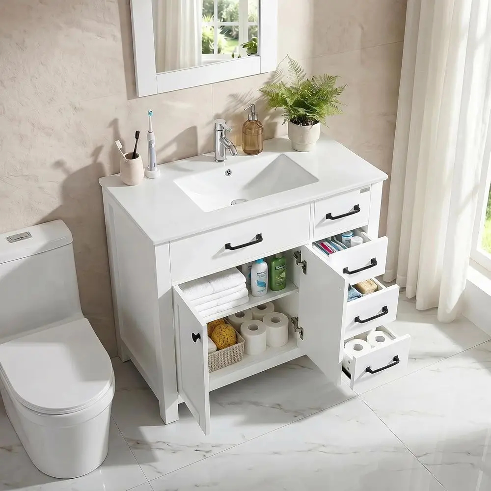 36 White Single Sink Vanity Set with Ceramic Sink, Countertop, Mirror, and Faucet Combo
36 White Single Sink Vanity Set with Ceramic Sink, Countertop, Mirror, and Faucet Combo