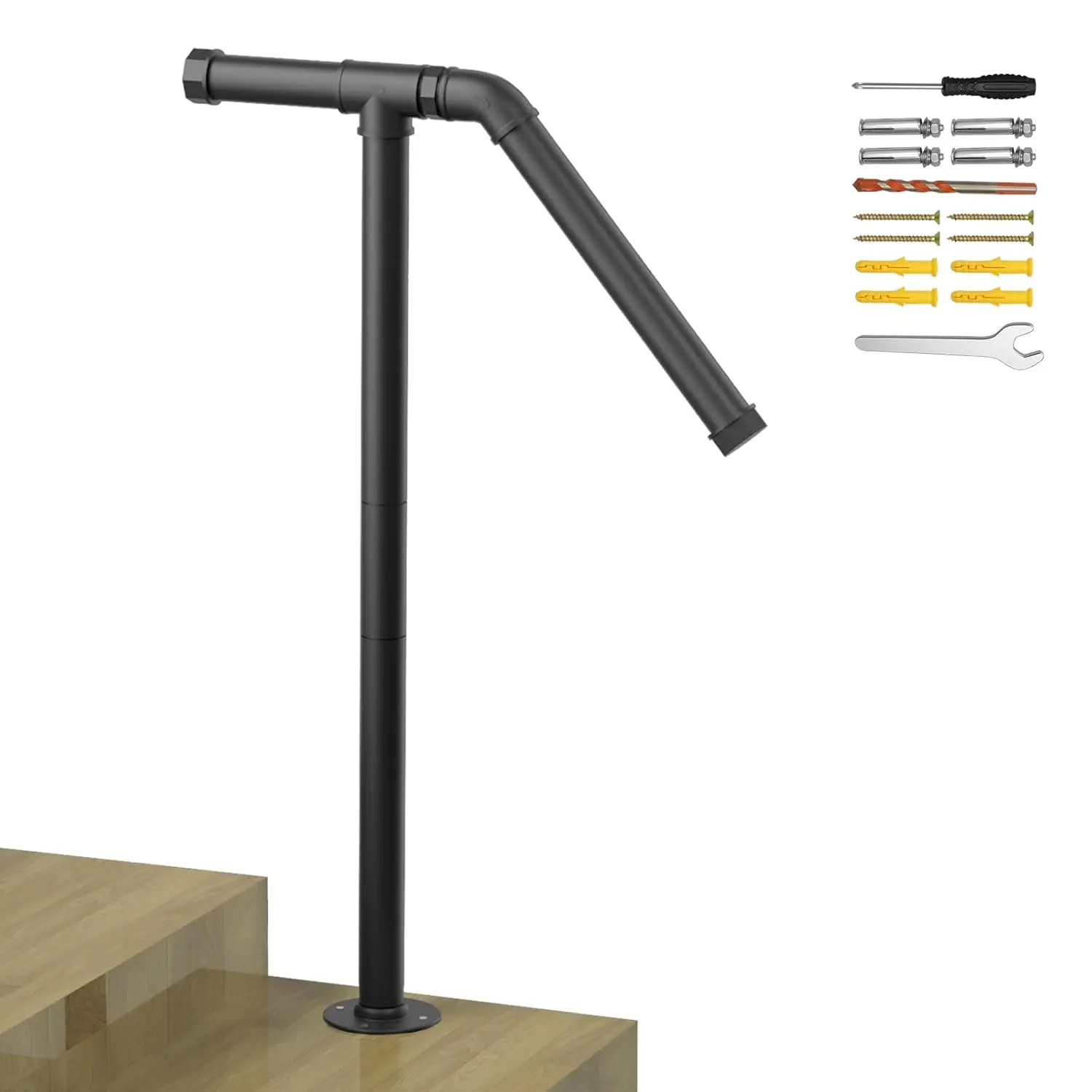 Single Post Handrail for Outdoor Steps, Fits 1-2 Steps, Wrought Iron Railing with Base for Concrete or Wooden Stairs, Black
Single Post Handrail for Outdoor Steps, Fits 1-2 Steps, Wrought Iron Railing with Base for Concrete or Wooden Stairs, Black