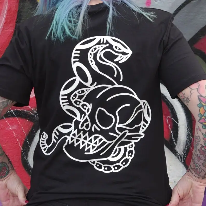 Snake and Skull Tattoo T Shirt | 100% Organic Cotton T-Shirt | Sailors Jerry Inspired | Streetwear-Tattoo Shirt Design
Snake and Skull Tattoo T Shirt | 100% Organic Cotton T-Shirt | Sailors Jerry Inspired | Streetwear-Tattoo Shirt Design