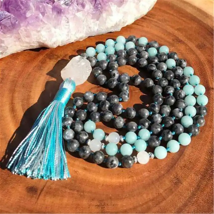 Natural Labradorite & Amazonite Mala Beads Necklace 108 Beads with Raw Clear Quartz Pendant & Teal Tassel Crystal Jewelry
Natural Labradorite & Amazonite Mala Beads Necklace 108 Beads with Raw Clear Quartz Pendant & Teal Tassel Crystal Jewelry