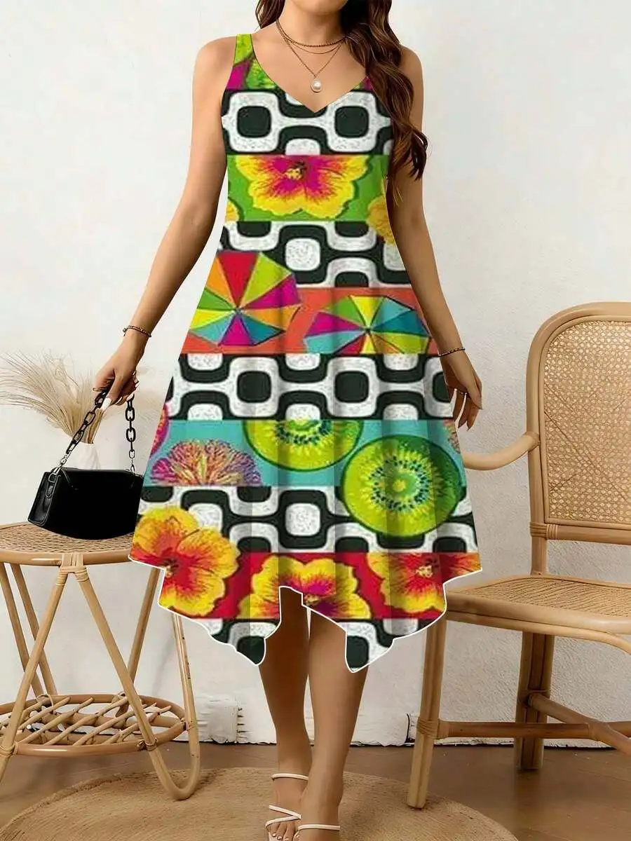 Colorful Floral Geometric Print Women V Neck Sleeveless Dress Irregular Hem Breathable Summer Casual Wear
Colorful Floral Geometric Print Women V Neck Sleeveless Dress Irregular Hem Breathable Summer Casual Wear