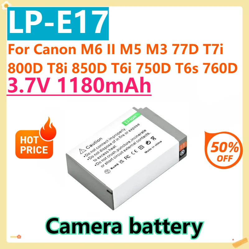 For Canon M6 II M5 M3 77D T7i 800D T8i 850D T6i 750D T6s 760D LP-E17 7.4V 1180mAh Replacement Battery with Type-C Fast Charging
For Canon M6 II M5 M3 77D T7i 800D T8i 850D T6i 750D T6s 760D LP-E17 7.4V 1180mAh Replacement Battery with Type-C Fast Charging