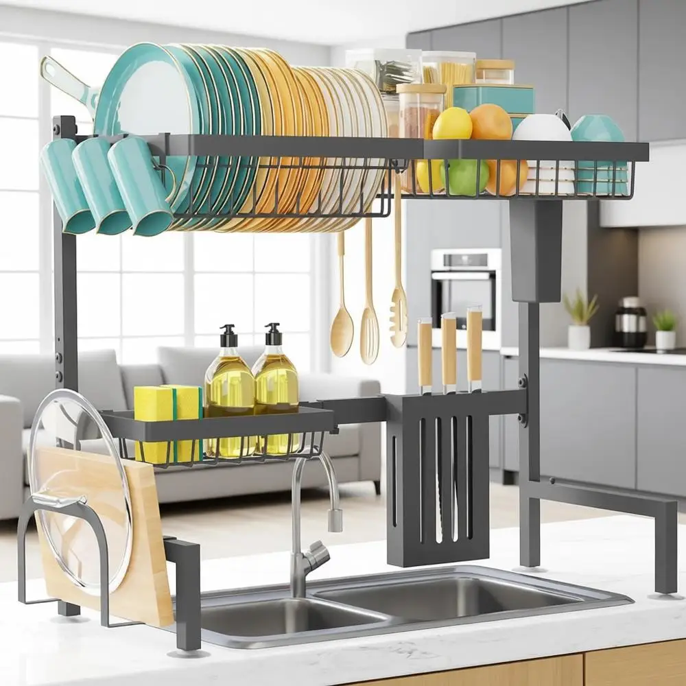 Adjustable 2-Tier Large Stainless Steel Sink Dish Drying Rack with Cutlery Holder, Kitchen Storage Organizer, 30-34 L x 11 W x 2
Adjustable 2-Tier Large Stainless Steel Sink Dish Drying Rack with Cutlery Holder, Kitchen Storage Organizer, 30-34 L x 11 W x 2
