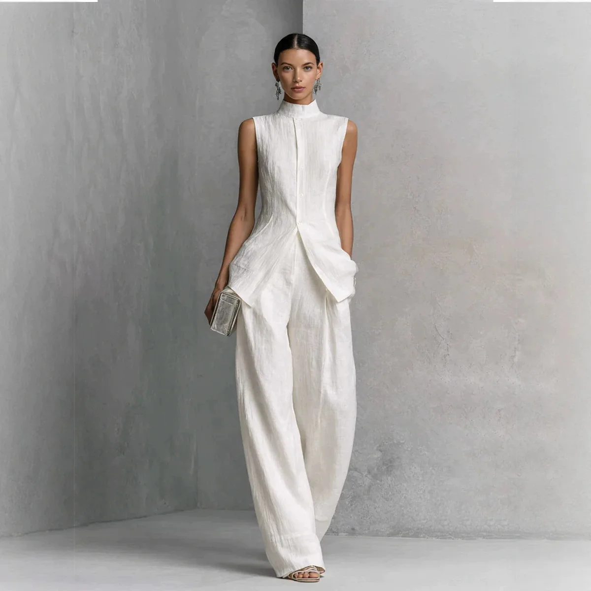 Vintage Solid Cotton Linen Suit for Women Sleeveless Turtleneck Top & High Waist Pants Set Spring Summer Button Loose Outfit
Vintage Solid Cotton Linen Suit for Women Sleeveless Turtleneck Top & High Waist Pants Set Spring Summer Button Loose Outfit