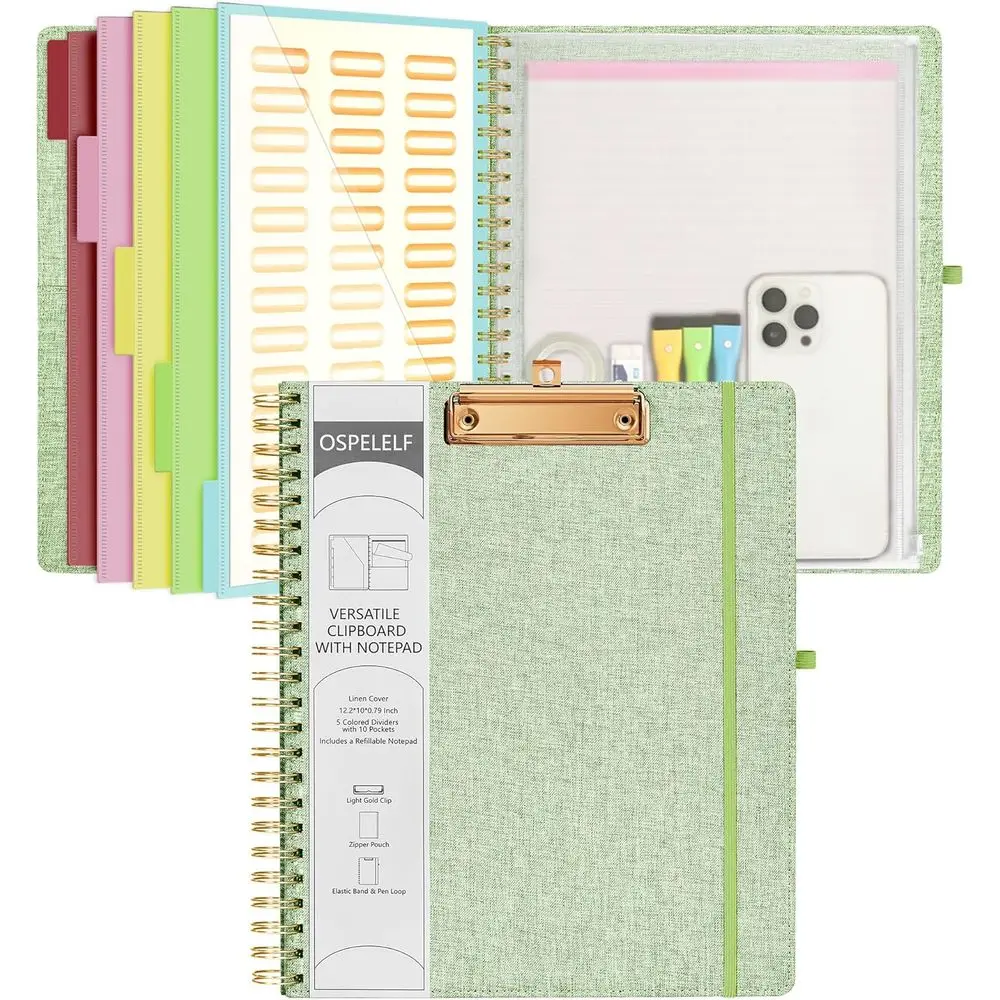 Green Spiral Clipboard with Storage Zipper Pouch, 5 Plastic Holders with 10 Clips, Refillable Lined Notepad (11 x 8.5), Linen Ha
Green Spiral Clipboard with Storage Zipper Pouch, 5 Plastic Holders with 10 Clips, Refillable Lined Notepad (11 x 8.5), Linen Ha