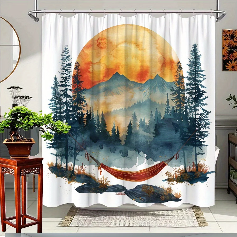 1pc Mountain Sunset Theme Shower Curtain, Vibrant Nature with Hammock, Polyester Fabric, Bathroom Decor, Featuring 12 Hooks,
1pc Mountain Sunset Theme Shower Curtain, Vibrant Nature with Hammock, Polyester Fabric, Bathroom Decor, Featuring 12 Hooks,