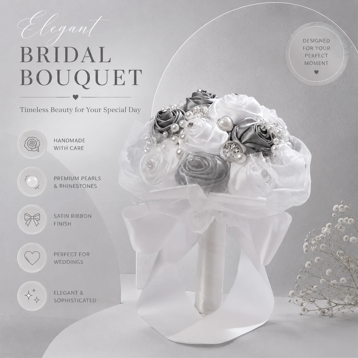 Silver White Satin Rose Bridal Bouquet with Pearl Rhinestone & Tulle Decor Wedding Hand Bouquet
Silver White Satin Rose Bridal Bouquet with Pearl Rhinestone & Tulle Decor Wedding Hand Bouquet