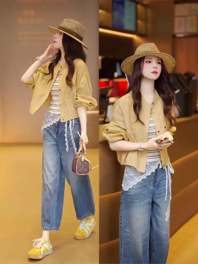 Summer New Yellow Shirt Striped Vest Jeans Set Fashionable Elegant Three-Piece Suit Women's Comfortable High Waist Loose Fit
Summer New Yellow Shirt Striped Vest Jeans Set Fashionable Elegant Three-Piece Suit Women's Comfortable High Waist Loose Fit