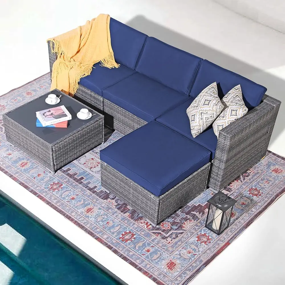 5 Piece Outdoor Patio Furniture Set, Outdoor Sectional Conversation Set, All-Weather Grey Pe Wicker W/Navy Blue Cushions,
5 Piece Outdoor Patio Furniture Set, Outdoor Sectional Conversation Set, All-Weather Grey Pe Wicker W/Navy Blue Cushions,