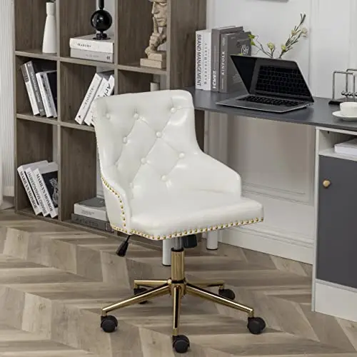 White Pu Leather Swivel Office Chair With Tufted Back, Golden-Tone Base, Adjustable Height And Tilt, Nailhead Trim
White Pu Leather Swivel Office Chair With Tufted Back, Golden-Tone Base, Adjustable Height And Tilt, Nailhead Trim