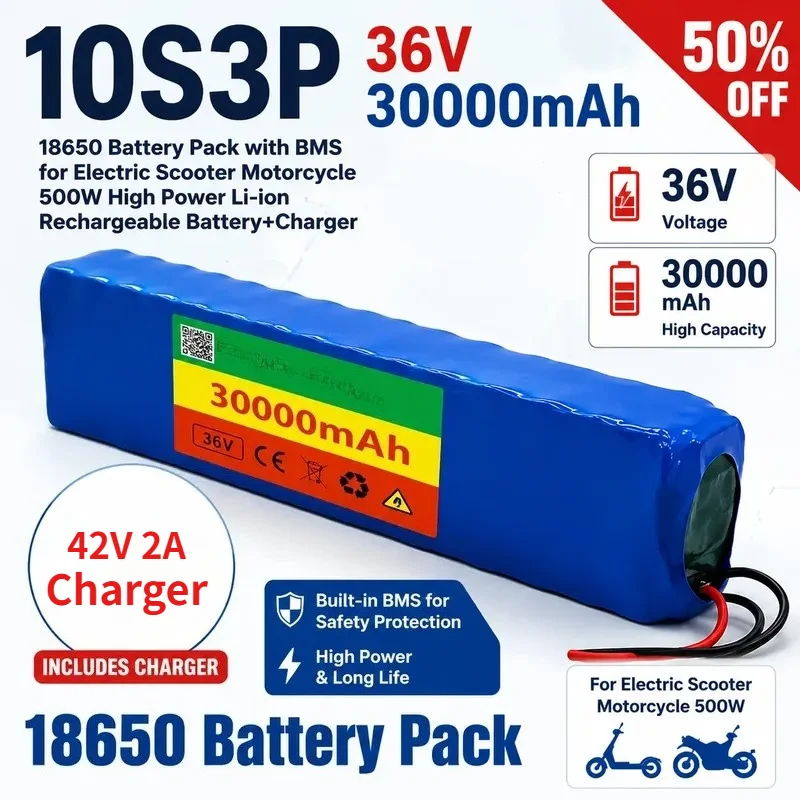 10S3P 36V 30000mAh 18650 Battery Pack with BMS for Electric Scooter Motorcycle 500W High Power Li-ion Rechargeable
10S3P 36V 30000mAh 18650 Battery Pack with BMS for Electric Scooter Motorcycle 500W High Power Li-ion Rechargeable