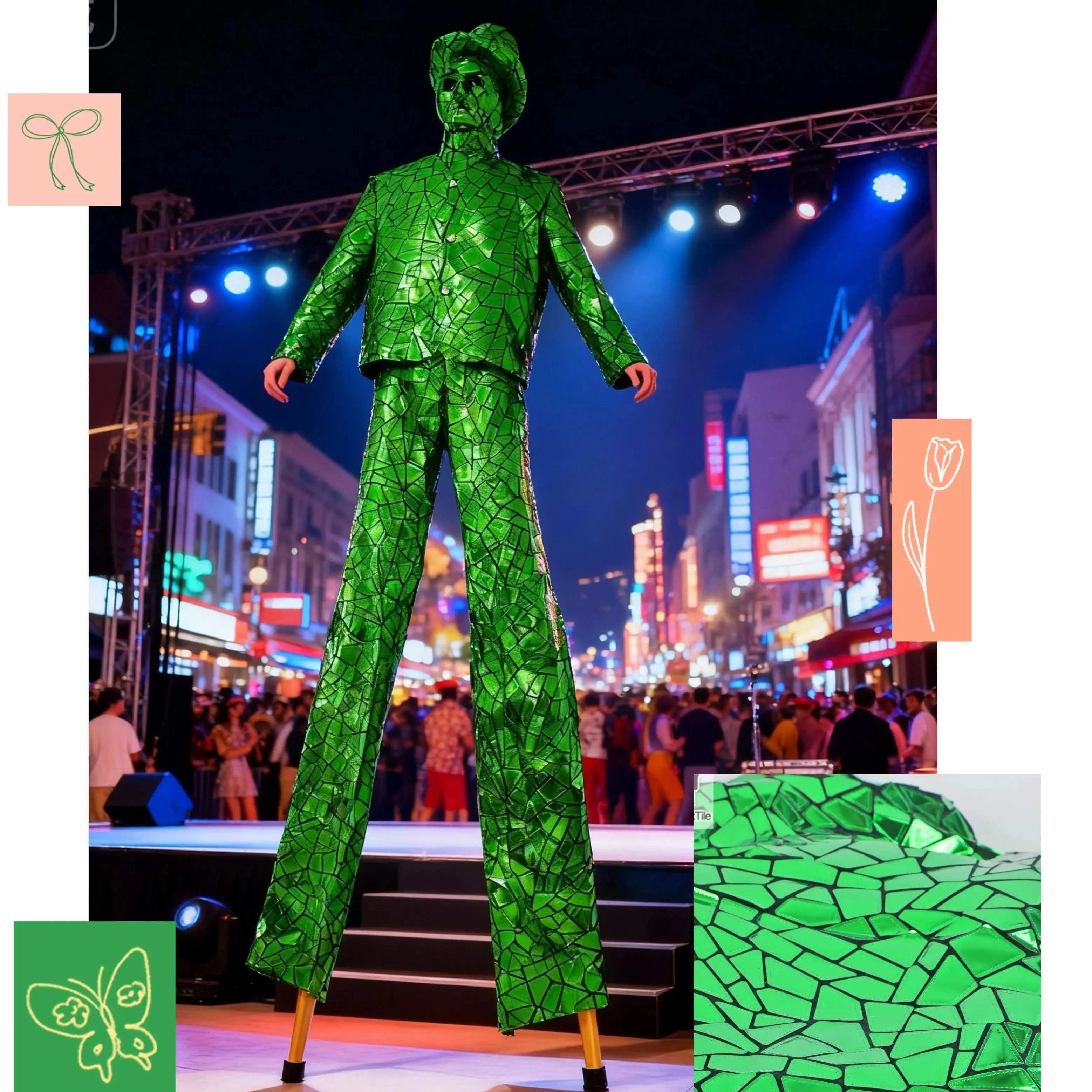 LED Stilts Walker Costume Shiny Sequin Fabric Mirror Canvas Stage Performance Wear for Show Entertainment Events
LED Stilts Walker Costume Shiny Sequin Fabric Mirror Canvas Stage Performance Wear for Show Entertainment Events