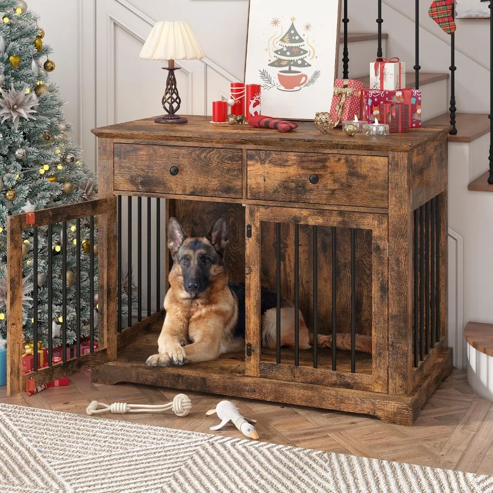 Dog Crate Furniture, 44 Inch Wooden Dog Kennel Indoor with 2 Storage Drawers, Heavy Duty Large Crate Furniture, Rustic Style Dec
Dog Crate Furniture, 44 Inch Wooden Dog Kennel Indoor with 2 Storage Drawers, Heavy Duty Large Crate Furniture, Rustic Style Dec