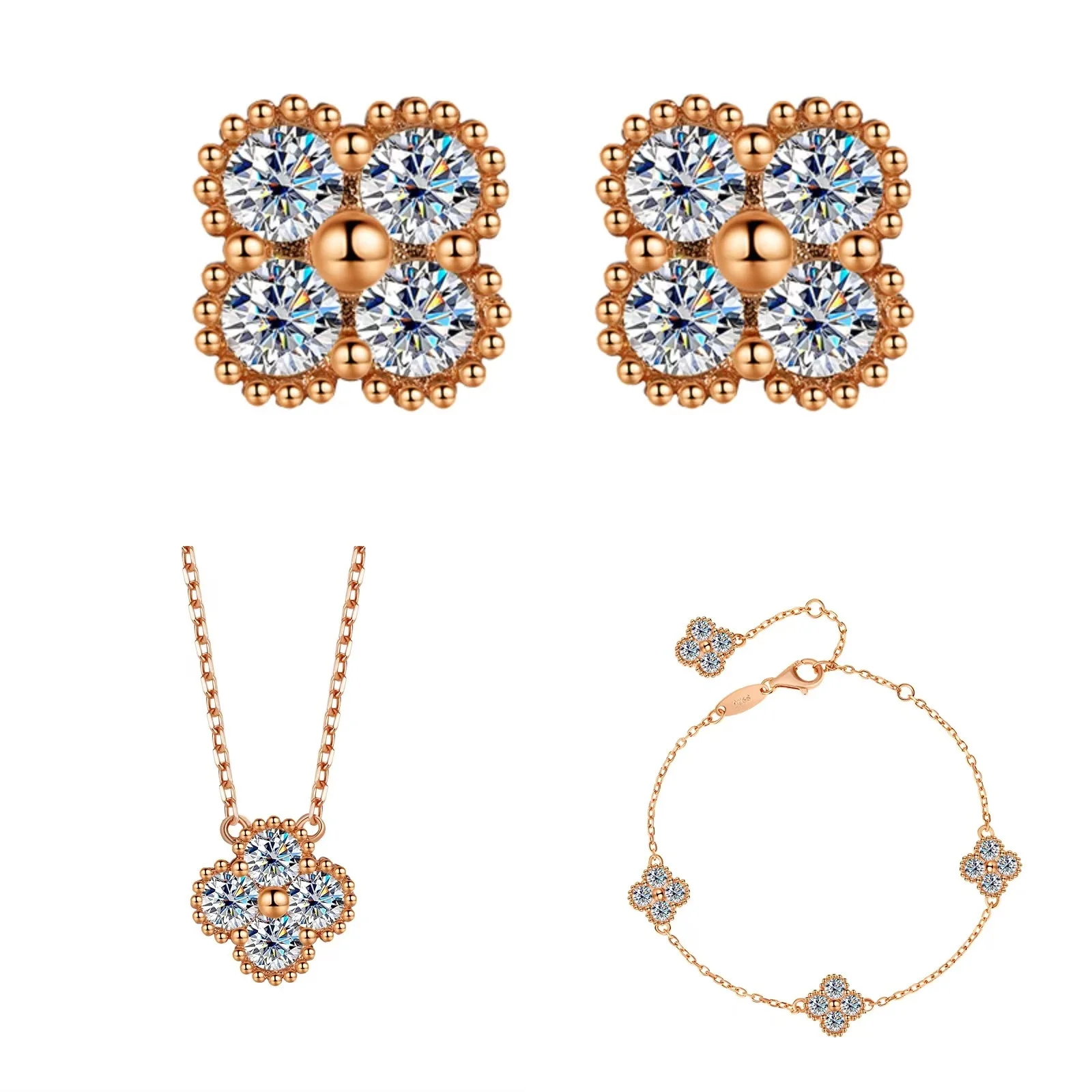 S925 Silver Rose Gold Plated D Color Classic Four Leaf Clover Moissanite Jewelry Set Earrings Necklace Bracelet
S925 Silver Rose Gold Plated D Color Classic Four Leaf Clover Moissanite Jewelry Set Earrings Necklace Bracelet