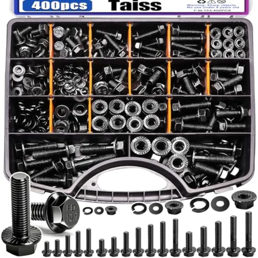 400PCS Metric Flange Bolt Assortment kit, 10.9 Grade M6x1.0, M8x1.25, M10x1.5 Bolts 12mm to 45mm Black zinc Plating Hex Bolts a
400PCS Metric Flange Bolt Assortment kit, 10.9 Grade M6x1.0, M8x1.25, M10x1.5 Bolts 12mm to 45mm Black zinc Plating Hex Bolts a