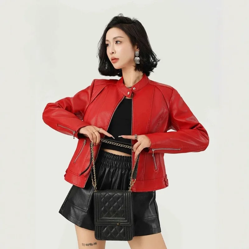 New Fashionable Women's Leather PU Short Coat Stand-up Collar Spring Autumn Thin Leather Jacket Red Leather From Europe America
New Fashionable Women's Leather PU Short Coat Stand-up Collar Spring Autumn Thin Leather Jacket Red Leather From Europe America