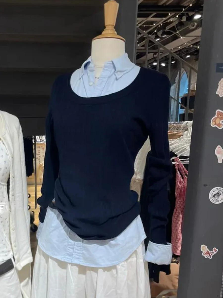 Navy Ribbed Knitted Long Sleeve T-shirt Women Scoop Neck Cotton Slim Pullover T-shirts Autumn New Vintage Casual Simple Tees Top
Navy Ribbed Knitted Long Sleeve T-shirt Women Scoop Neck Cotton Slim Pullover T-shirts Autumn New Vintage Casual Simple Tees Top