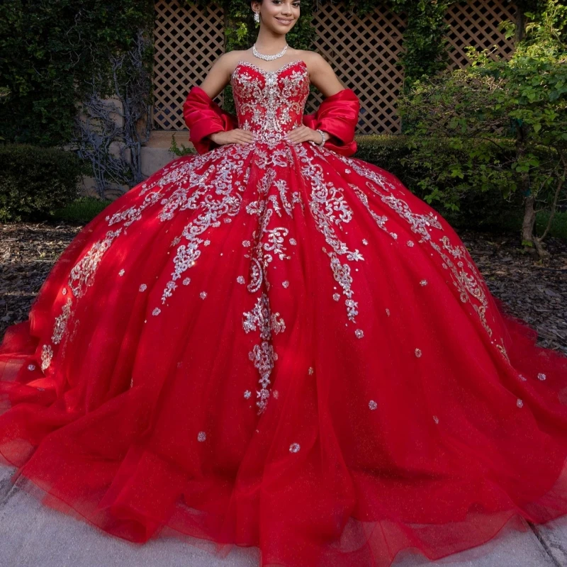 Red Shiny Quinceanera Dresses Off Shoulder Ball Gown Sweet 16 Dress Silvery Applique Lacee Beading Crystal Bow Tull Corset
Red Shiny Quinceanera Dresses Off Shoulder Ball Gown Sweet 16 Dress Silvery Applique Lacee Beading Crystal Bow Tull Corset