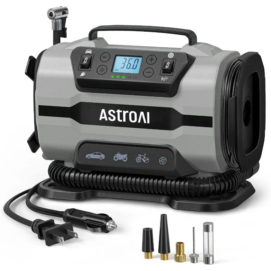 Portable Tire Inflator Air Compressor Pump 150PSI 12V DC 110V AC with Dual Metal Motors and LED Light for Automotive Use Ideal
Portable Tire Inflator Air Compressor Pump 150PSI 12V DC 110V AC with Dual Metal Motors and LED Light for Automotive Use Ideal