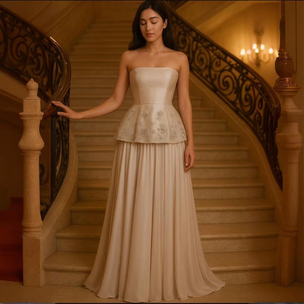 Customized Elegant Wedding Guest Dress Applique Strapless A Line Formal Evening Gowns for Women 2026 Applique Modern Prom Dress
Customized Elegant Wedding Guest Dress Applique Strapless A Line Formal Evening Gowns for Women 2026 Applique Modern Prom Dress