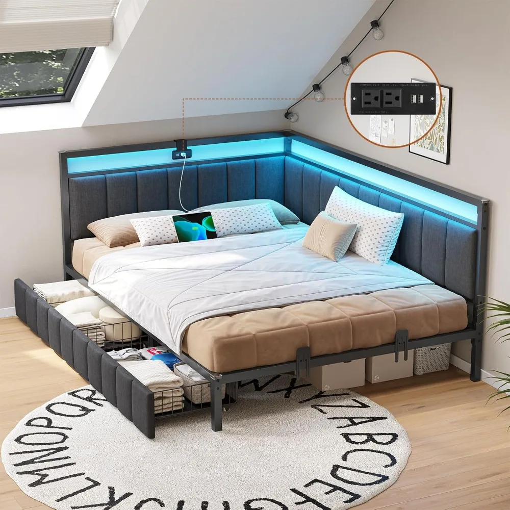 Corner Full Bed Frame with 2 Storage Drawers and Charging Station Full Size Platform Bed Frame with Led Lights
Corner Full Bed Frame with 2 Storage Drawers and Charging Station Full Size Platform Bed Frame with Led Lights