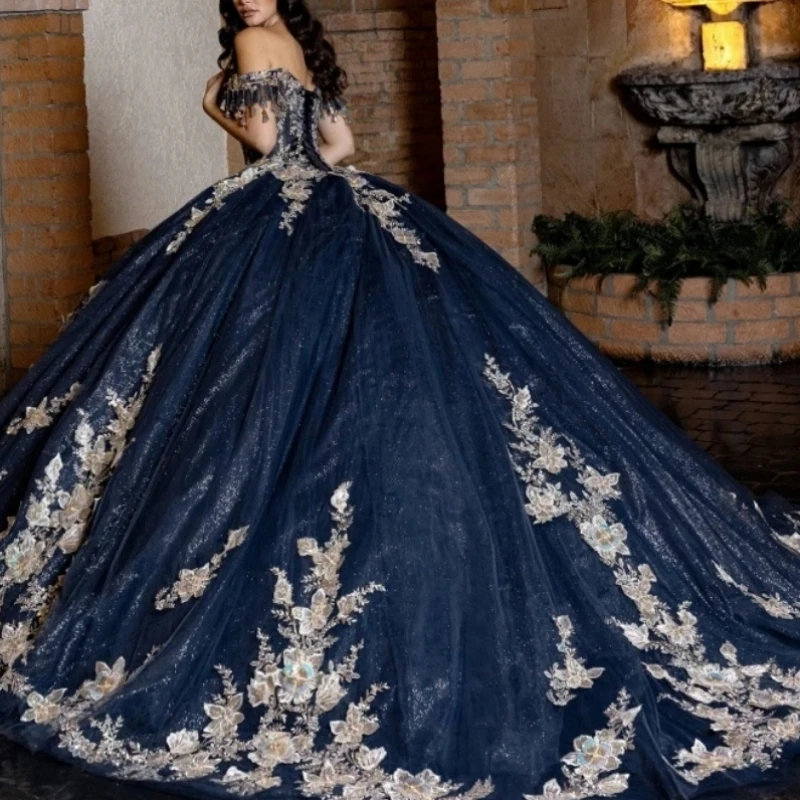A1321 Роскошное мексиканское темно-синее платье для выпускного вечера, дня рождения, бальное платье с аппликацией и бантом, пышное платье Vestido De xv Quinceanera 15, индивидуальное 
A1321 Роскошное мексиканское темно-синее платье для выпускного вечера, дня рождения, бальное платье с аппликацией и бантом, пышное платье Vestido De xv Quinceanera 15, индивидуальное