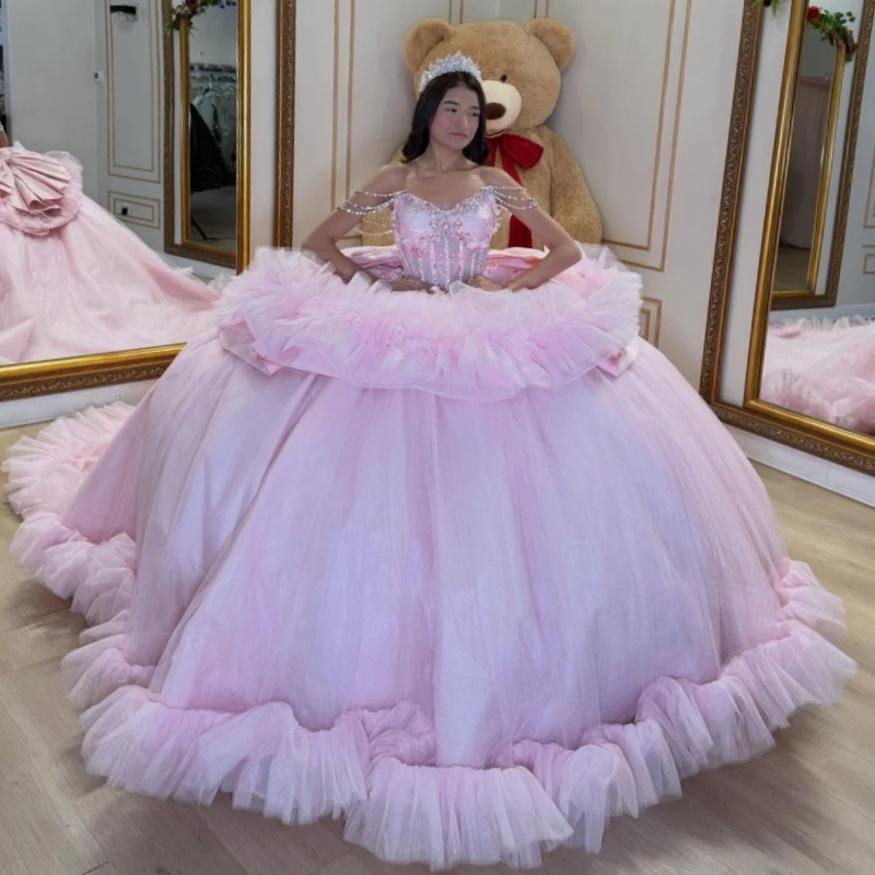Pink Quinceanera Dresses Off The Shoulder Applique Beading Crystal Tiered Tull Bow Party Birthday Sweet 16 Dress Vestidos 15 De
Pink Quinceanera Dresses Off The Shoulder Applique Beading Crystal Tiered Tull Bow Party Birthday Sweet 16 Dress Vestidos 15 De