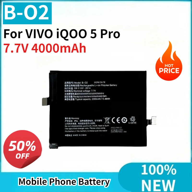 Brand New 0-Cycle Replaceable Battery B-O2 7.7V 4000mAh High Quality for VIVO iQOO 5 Pro Mobile Phone Battery
Brand New 0-Cycle Replaceable Battery B-O2 7.7V 4000mAh High Quality for VIVO iQOO 5 Pro Mobile Phone Battery