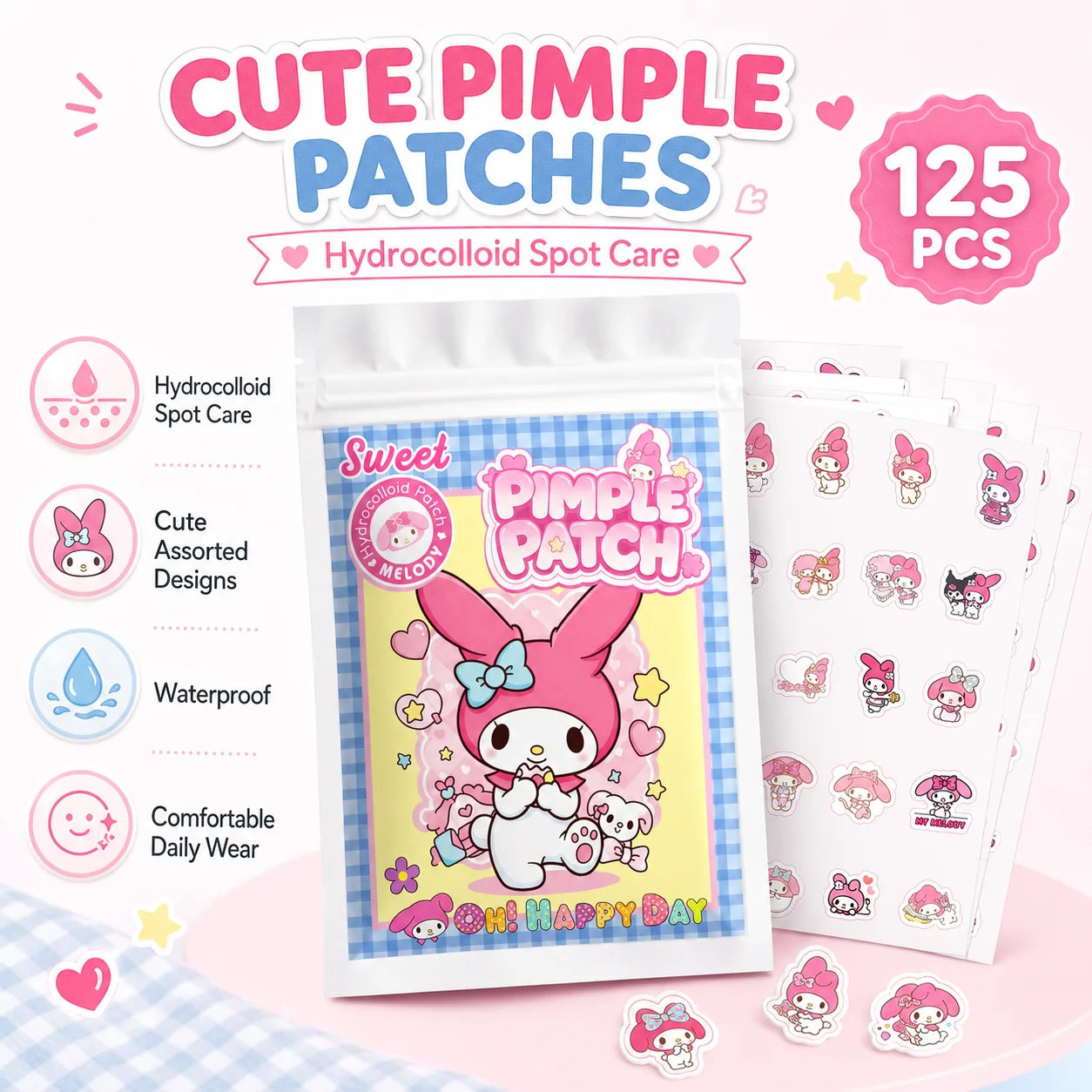 Hello Kitty Cute Pimple Patches, 125pcs Hydrocolloid Acne Spot Covers, 25 Fun Designs, Gentle, Waterproof, Skin-Friendly
Hello Kitty Cute Pimple Patches, 125pcs Hydrocolloid Acne Spot Covers, 25 Fun Designs, Gentle, Waterproof, Skin-Friendly