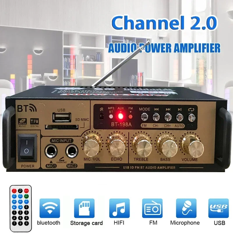 Home Theater Amplifiers Audio 2-Channel Bluetooth Car Home Power Amplifier Audio 110-240V Bass Audio Input/USB/FM/Storage Card
Home Theater Amplifiers Audio 2-Channel Bluetooth Car Home Power Amplifier Audio 110-240V Bass Audio Input/USB/FM/Storage Card