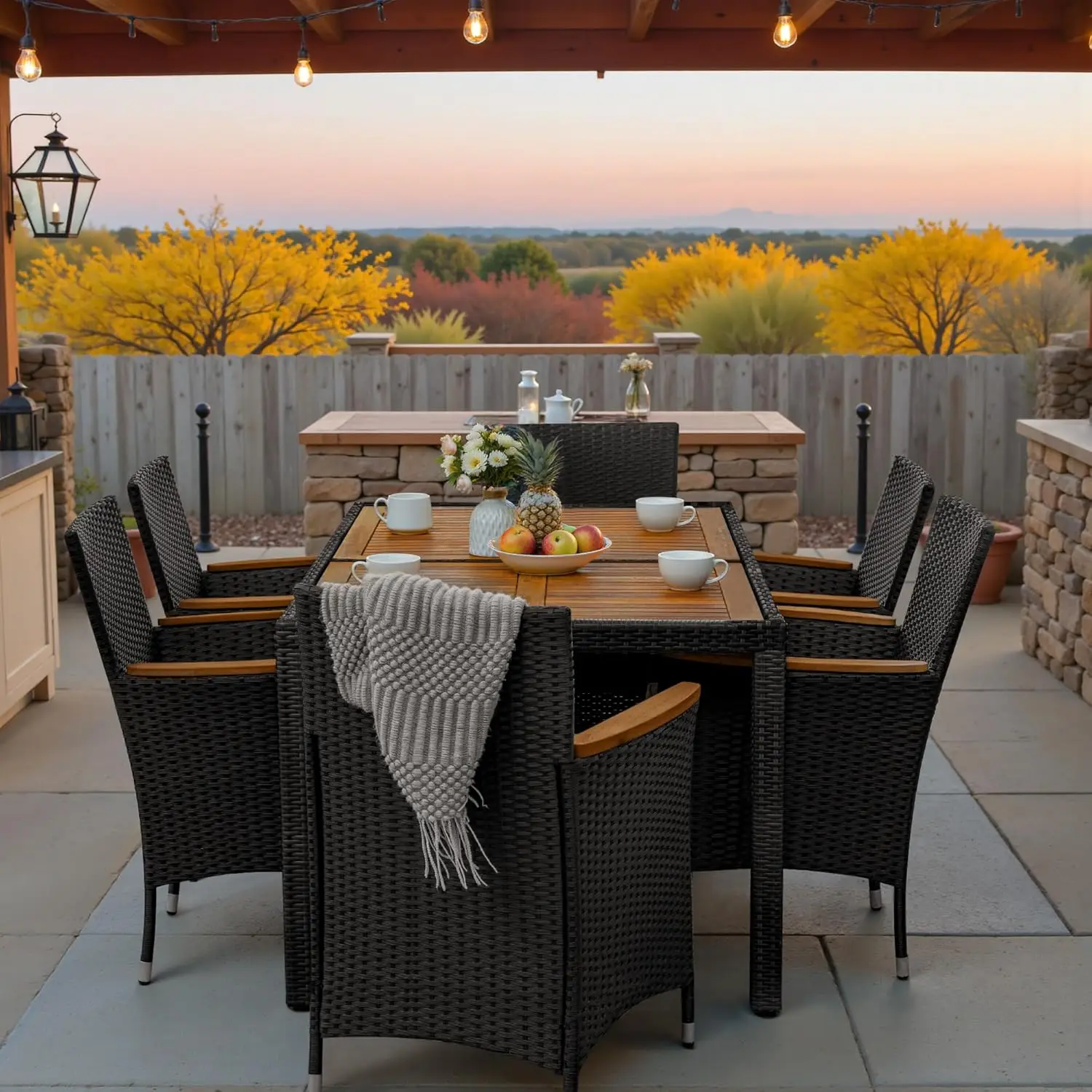 7 Pieces Outdoor Patio Dining Set, Conversation Sets with 1 Table and 6 Rattan Chairs with Curved Acacia Wooden, Customized
7 Pieces Outdoor Patio Dining Set, Conversation Sets with 1 Table and 6 Rattan Chairs with Curved Acacia Wooden, Customized