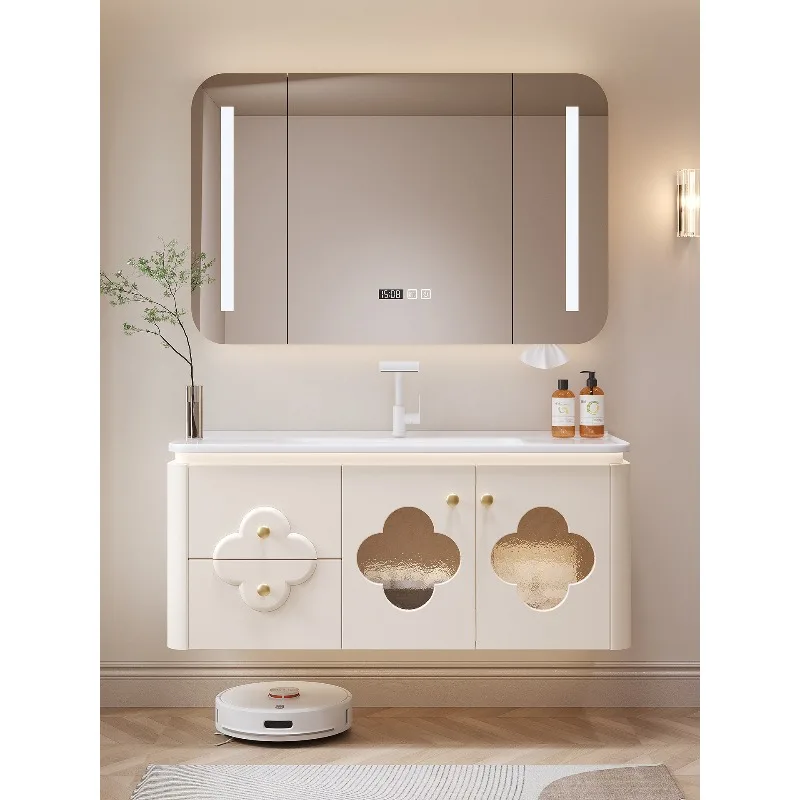 Intelligent cream wind solid wood multi-layer paint-free ceramic integrated basin bathroom cabinet
Intelligent cream wind solid wood multi-layer paint-free ceramic integrated basin bathroom cabinet