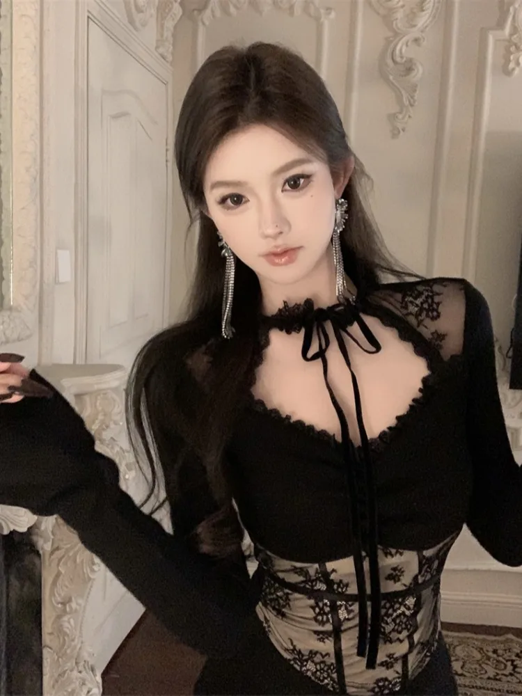 Plus Size Ele Bla Lace Base irt Women's Outerwear Design Long Sve Ne Hanging Belted Top Korean Sle Slim Fit Spring Faion 
Plus Size Ele Bla Lace Base irt Women's Outerwear Design Long Sve Ne Hanging Belted Top Korean Sle Slim Fit Spring Faion