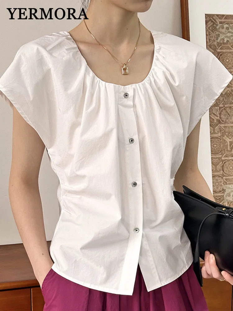 YERMORA White Pleated Button Casual Blouse For Women Round Collar Shorts Sleeve Loose New Shirt Fashion Tide Spring Summer 2025
YERMORA White Pleated Button Casual Blouse For Women Round Collar Shorts Sleeve Loose New Shirt Fashion Tide Spring Summer 2025