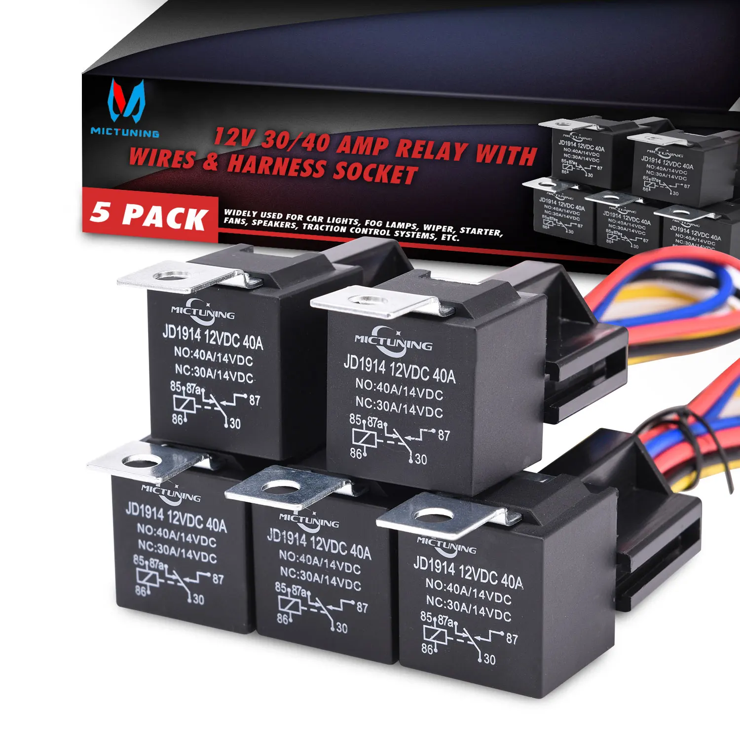 MICTUNING 5Pcs Waterproof 30/40A SPDT Relay 12V 5 Prong Harness Socket with Color-labeled Wires - Waterproof Automotive Relay
MICTUNING 5Pcs Waterproof 30/40A SPDT Relay 12V 5 Prong Harness Socket with Color-labeled Wires - Waterproof Automotive Relay