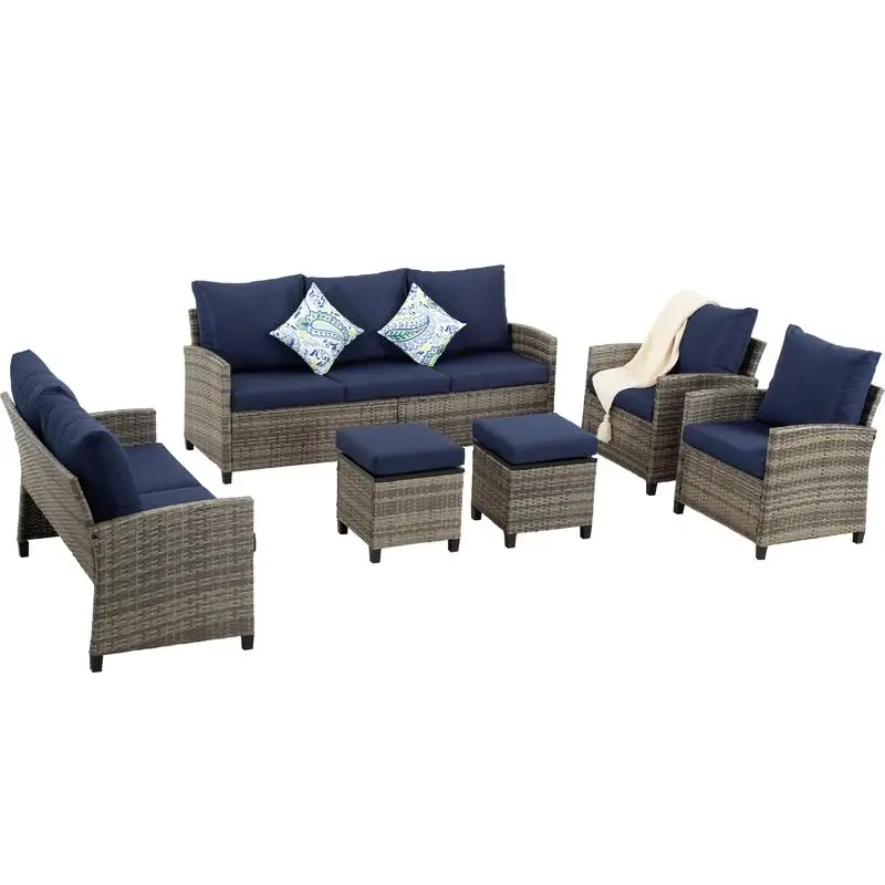 6-Piece Patio Furniture Set, Outdoor Wicker Sectional Sofa with Ottomans for Garden Balcony Backyard, Gray Rattan with Blue
6-Piece Patio Furniture Set, Outdoor Wicker Sectional Sofa with Ottomans for Garden Balcony Backyard, Gray Rattan with Blue