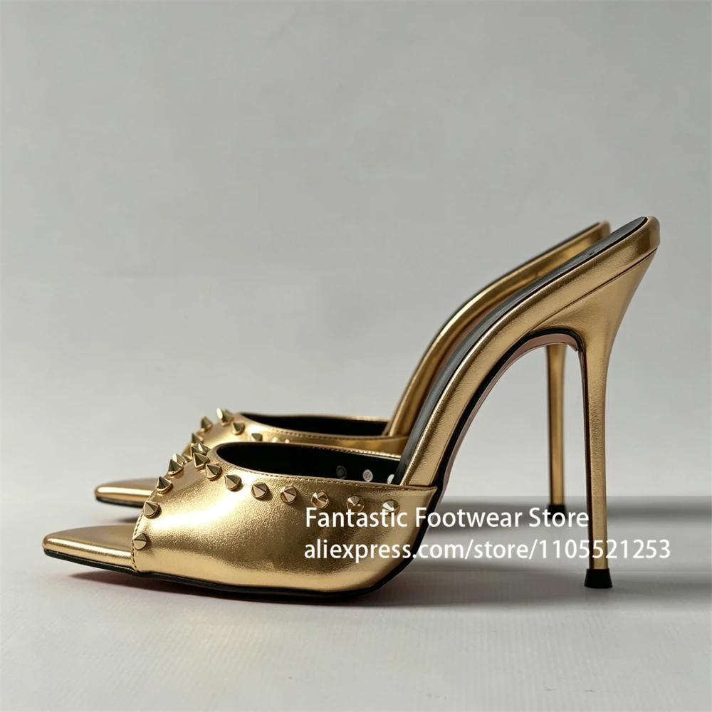 Patent PU Leather Studded Stiletto Mules Pointed Open Toe Slip on Backless High Heel Sandals Punk Sexy Style Women's Dress Heels
Patent PU Leather Studded Stiletto Mules Pointed Open Toe Slip on Backless High Heel Sandals Punk Sexy Style Women's Dress Heels