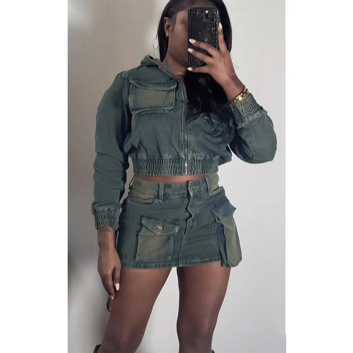 Women Skirt Set Fall Fashion Pockets Stretch Denim Hooded Jacket Matching Two Piece Cargo Skirt Set Lady Jeans Skirt Jacket Set
Women Skirt Set Fall Fashion Pockets Stretch Denim Hooded Jacket Matching Two Piece Cargo Skirt Set Lady Jeans Skirt Jacket Set