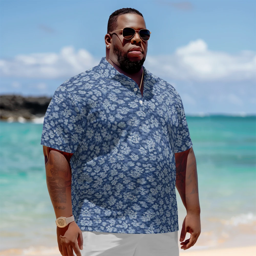 1 men's plus size polo shirt with summer blue floral print casual lapel button suitable for shopping and golf
1 men's plus size polo shirt with summer blue floral print casual lapel button suitable for shopping and golf