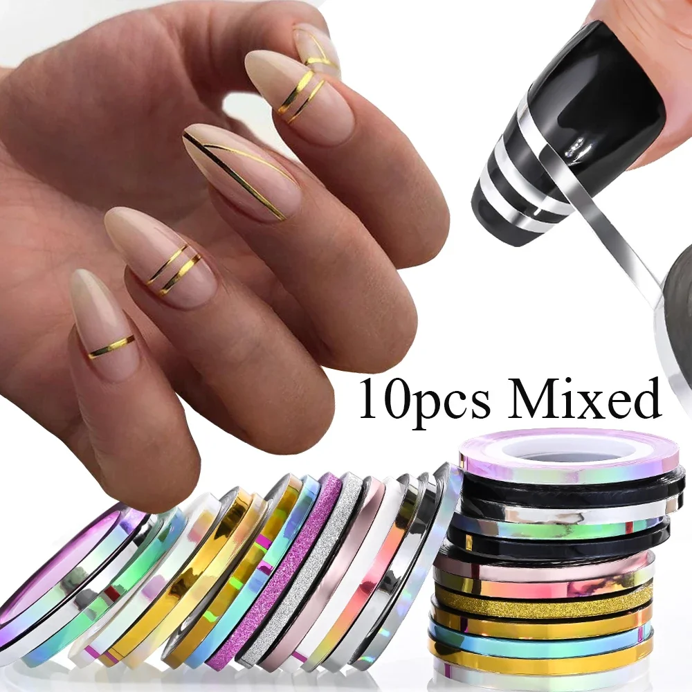 10 томов, смешанная 3d металлическая полосатая линия для ногтей, золотистая, серебряная блестящая клейкая лента с узкой мишурой, красочные аксессуары для маникюра