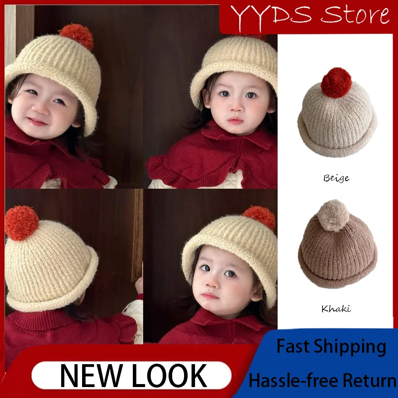 Детская зимняя теплая вязаная шапка с черепом — однотонная, большой помпон на верху, края с манжетами, стильный головной убор для младенцев