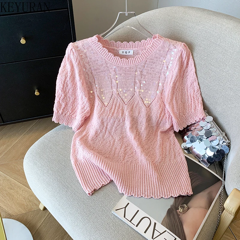 2025 Summer New Sequins Design Chic Short Sleeve Sweater Women's Knitted T-shirts Temperament Pullover Knitwear Tops Ladies Tees
2025 Summer New Sequins Design Chic Short Sleeve Sweater Women's Knitted T-shirts Temperament Pullover Knitwear Tops Ladies Tees