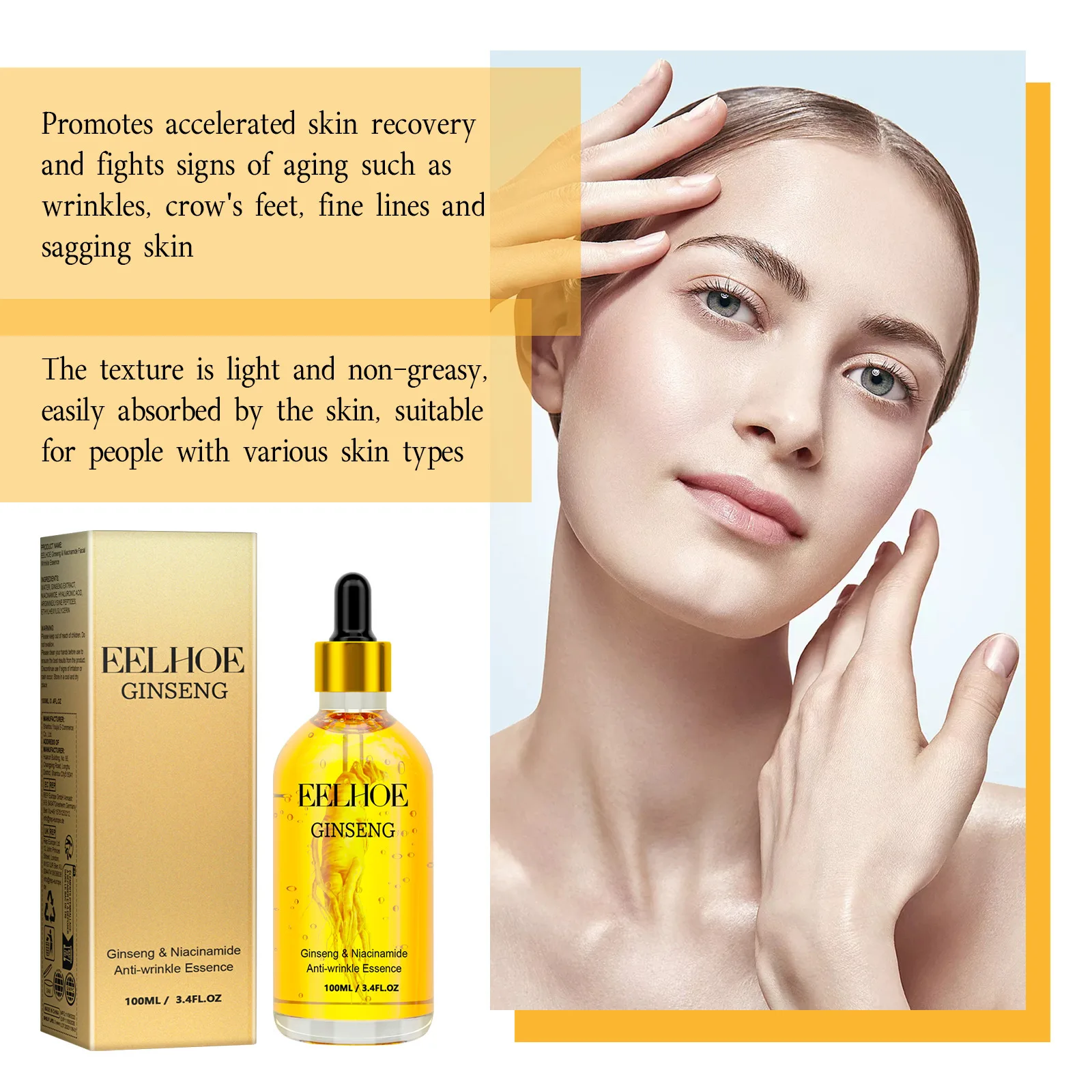 Ginseng Facial Essence Reduce Fine Lines Improve Roughness Nourish Wh-iten Deep Hydration Firm Nicotinamide Facial Sooth Essence
Ginseng Facial Essence Reduce Fine Lines Improve Roughness Nourish Wh-iten Deep Hydration Firm Nicotinamide Facial Sooth Essence