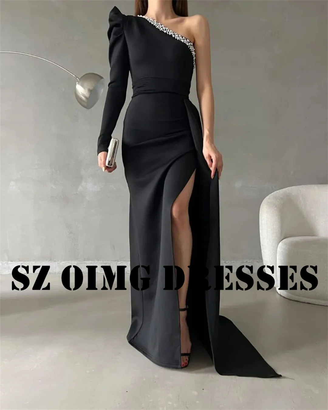 OIMG New Design Prom Dresses Long Sleeves Saudi Arabic Women Mermaid Satin One-Shoulder Black Evening Gowns Formal Party Dress
OIMG New Design Prom Dresses Long Sleeves Saudi Arabic Women Mermaid Satin One-Shoulder Black Evening Gowns Formal Party Dress