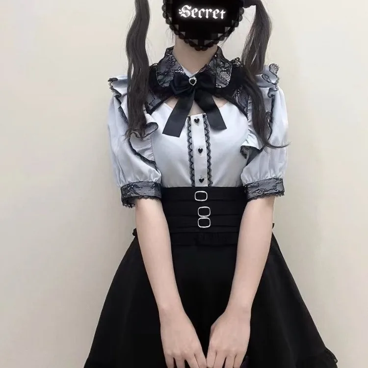 Spring Summer New Short Sleeve Blouses Harajuku Sweet Lace Patchwork Shirts Women Y2k Hollow Out Bow Blue Blusas Mujer
Spring Summer New Short Sleeve Blouses Harajuku Sweet Lace Patchwork Shirts Women Y2k Hollow Out Bow Blue Blusas Mujer