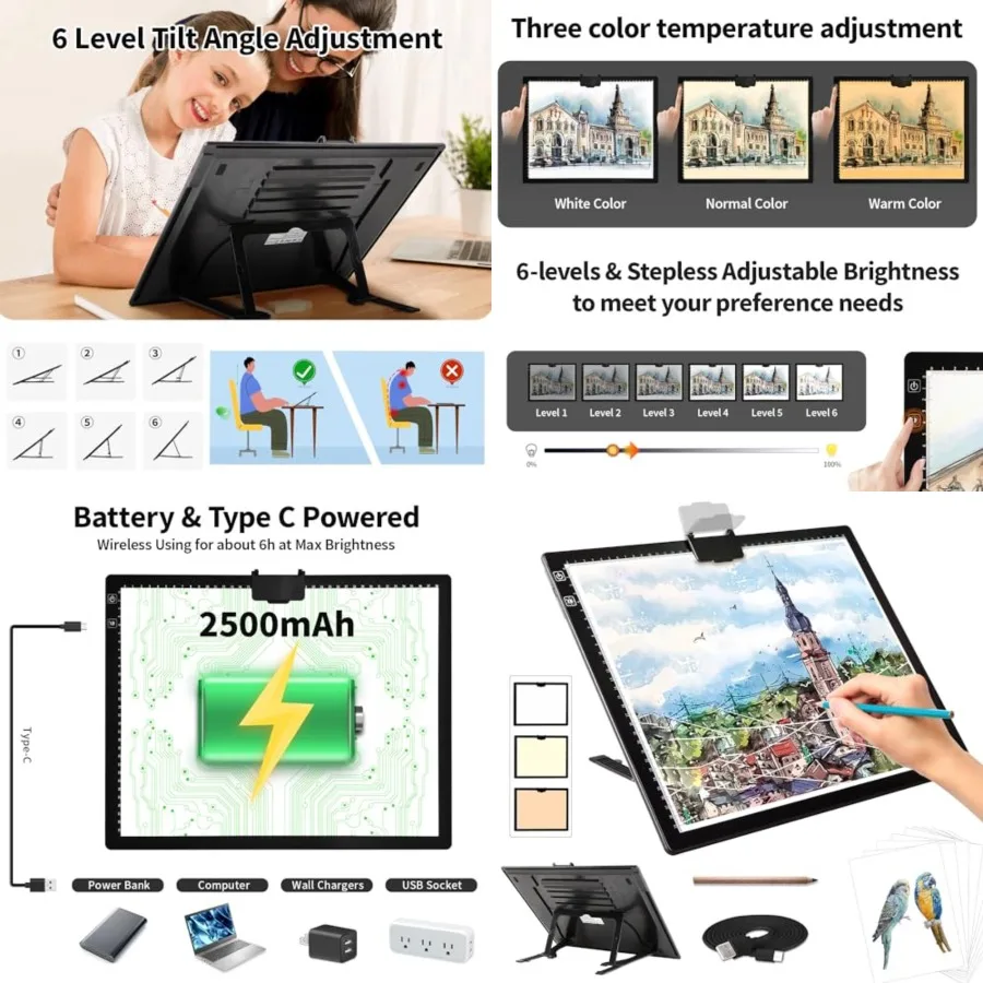 Rechargeable A3 Light Pad for Diamond Painting, Tracing Light Box with Stand and Clip, 3 Colors Stepless Dimmable and 6 Levels
Rechargeable A3 Light Pad for Diamond Painting, Tracing Light Box with Stand and Clip, 3 Colors Stepless Dimmable and 6 Levels