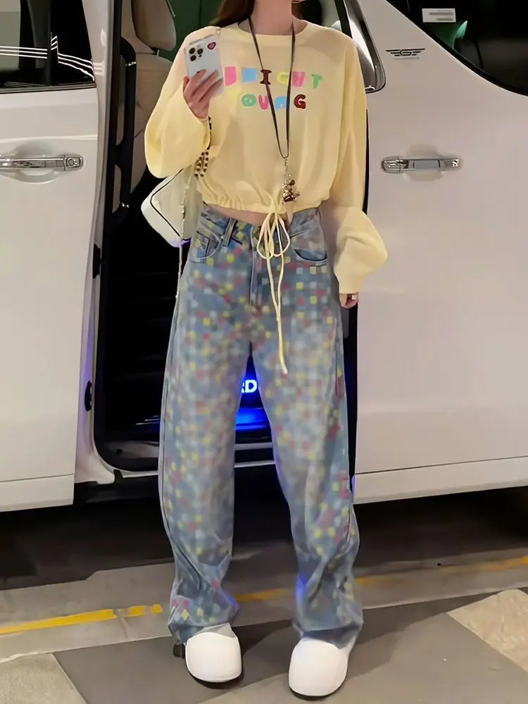 Women's Colorful Checkerboard Pattern Printing Denim Jeans Girl Trousers Casual Bottoms Female High Waist Wide Leg Denim Pants
Women's Colorful Checkerboard Pattern Printing Denim Jeans Girl Trousers Casual Bottoms Female High Waist Wide Leg Denim Pants