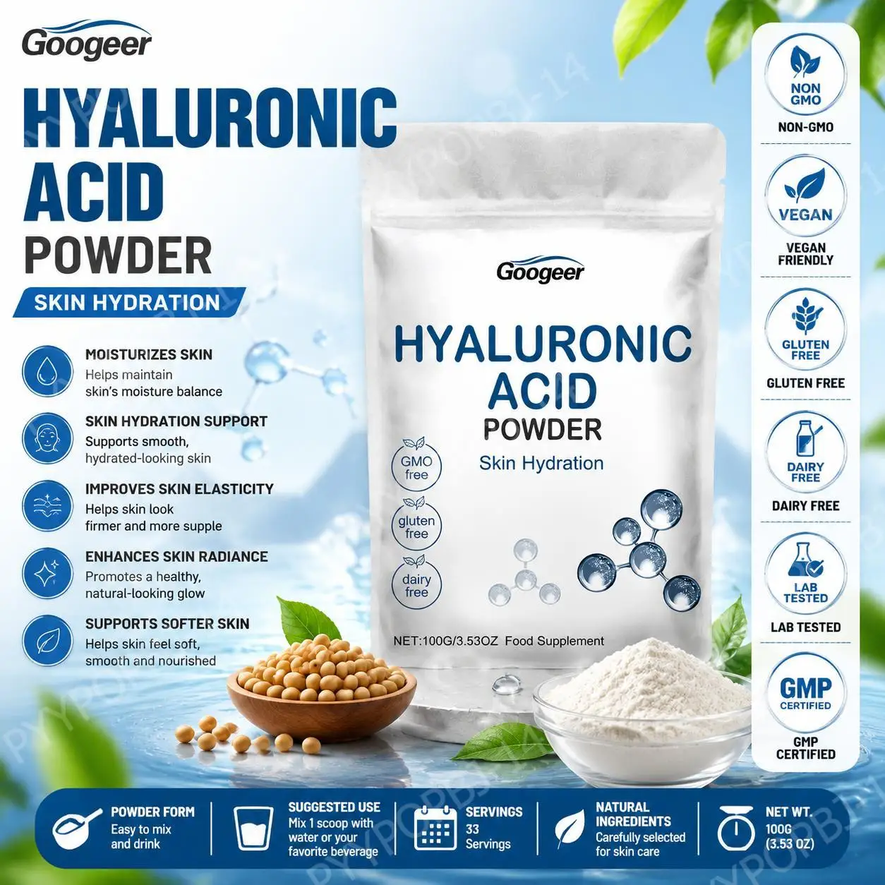 Googeer Skin Hydration Powder with Soy Protein Isolate, Glucose Syrup and Maltodextrin for Skin Softness and Moisturizing 100g
Googeer Skin Hydration Powder with Soy Protein Isolate, Glucose Syrup and Maltodextrin for Skin Softness and Moisturizing 100g